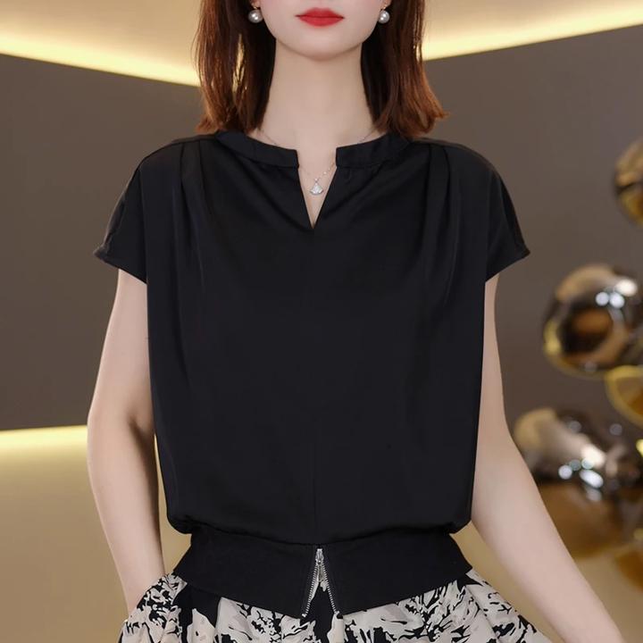 优雅气质风v领T恤女士2025夏季新款百搭舒适洋气减龄设计感上衣