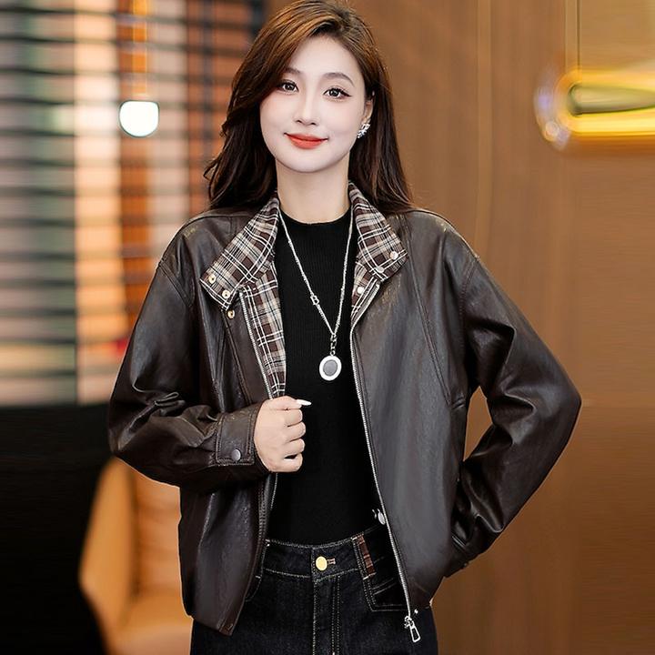 秋冬女修身宽松PU皮立领短外套百搭皮夹克上衣显瘦韩版短款上衣