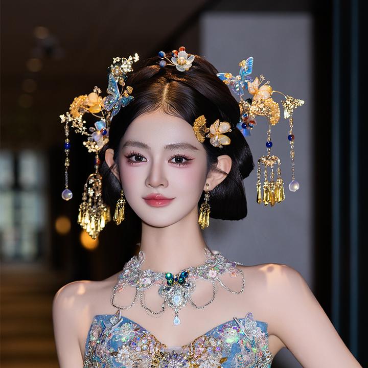 合金婚庆饰品 新娘仙气梦幻浅蓝蝴蝶中式造型气质秀禾服发饰G0333