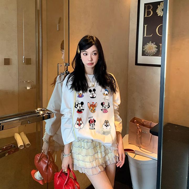 港风ins米奇长袖重工蕾丝立体插肩圆领t恤外穿休闲流光风洋气女装