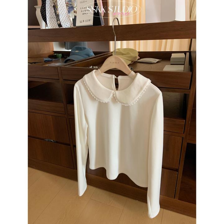 KMZY/KMZY山_山【文艺姐姐】微胖韩系减龄娃娃领甜美长袖加绒打底衫