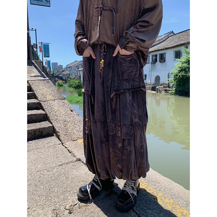 大码肥佬灯笼裤男秋冬季金丝绒休闲裤中国风褶皱设计感宽松阔腿裤