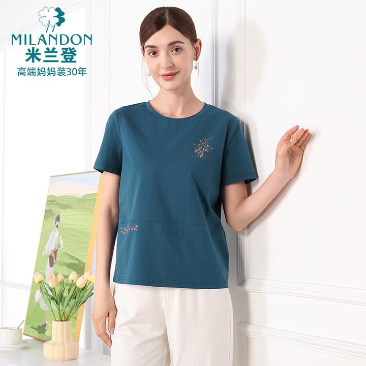 MILANDON/米兰登2025夏新款短袖女T恤印花休闲宽松大码1Q2T1189X