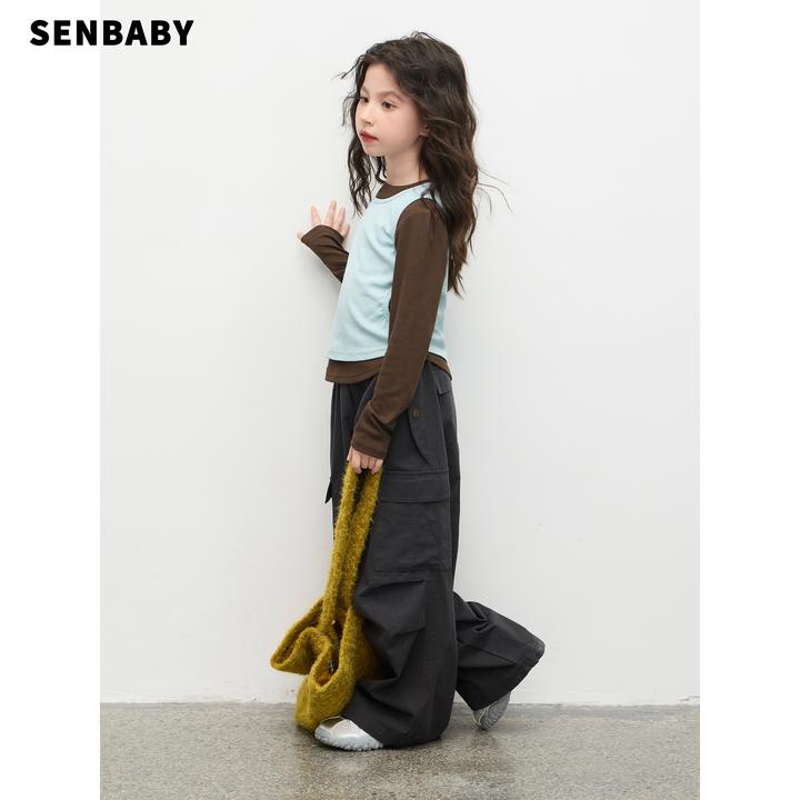 【现货】senbaby女童秋季长袖套头T恤背心两件套韩版时尚叠穿上衣