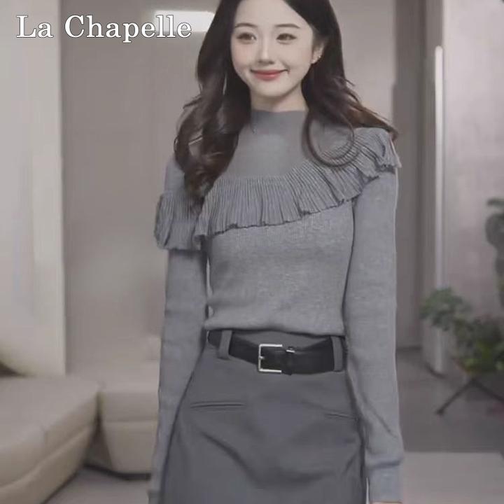拉夏贝尔秋冬新款法式半高领拼接网纱荷叶边百搭显瘦针织衫上衣