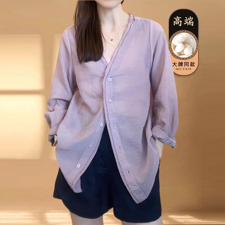 大码女装轻薄透气防晒空调衫V领长袖衬衫春秋季胖MM宽松显瘦上衣