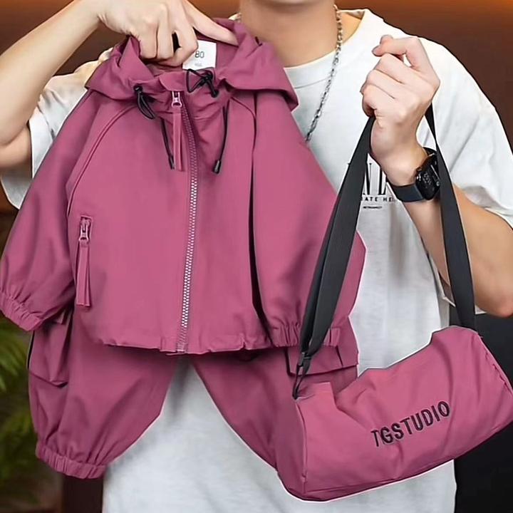 儿童户外新款2025冲锋衣秋季男女童连帽洋气两件套宝宝工装长裤潮