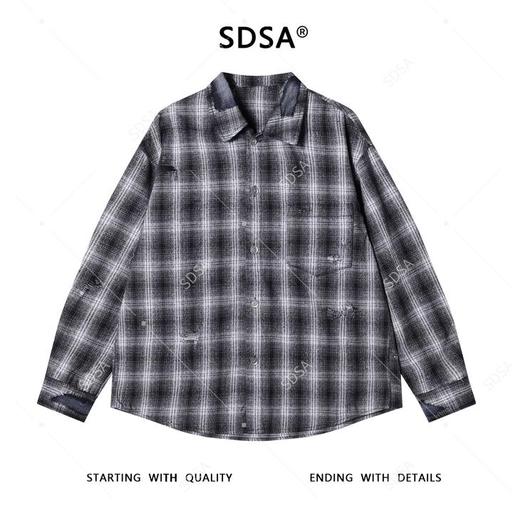 SDSA男士秋冬新款痞帅男装韩版磨破格子翻领长袖衬衫百搭宽松衬衣
