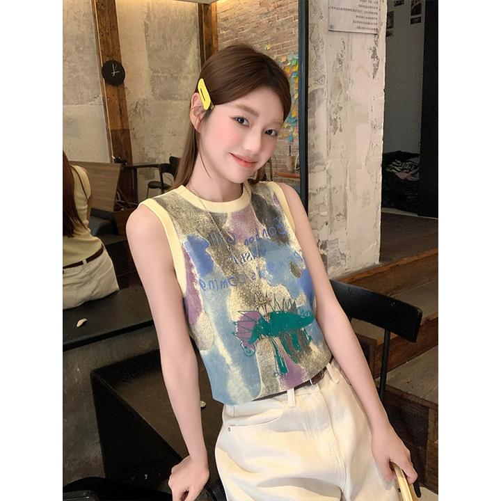 涂鸦印花无袖针织工字背心女2025夏季新款修身内搭短款撞色上衣T