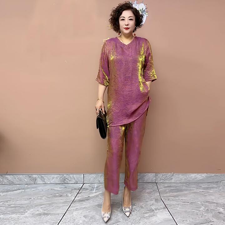 夏季网红款七彩琉璃纱套装2025国风短袖T恤薄款裤子彩色V领两件套