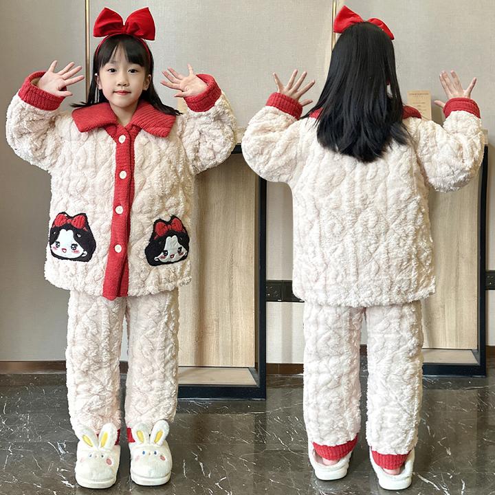 儿童睡衣冬季三层夹棉女童珊瑚绒加绒加厚女孩亲子洋气家居服套装