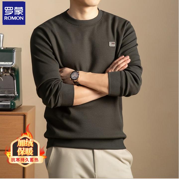 Romon/罗蒙冬季男士加绒卫衣圆领提花内搭套头加厚保暖打底衫男款