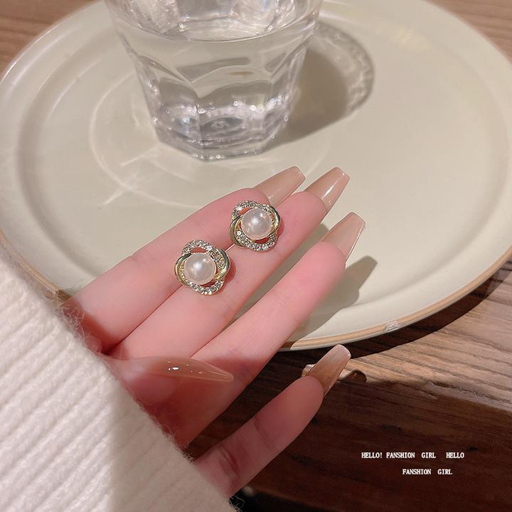 合金耳饰 S925银针韩国新款简约珍珠耳钉女ins潮轻奢小众镶钻耳环