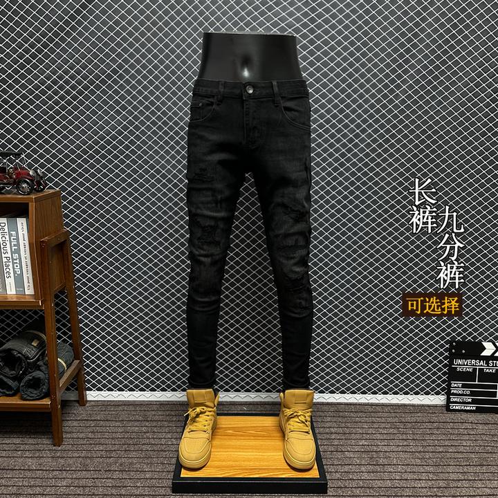 2025秋冬新款男士破洞牛仔裤修身弹力小脚长裤黑色潮流九分休闲裤