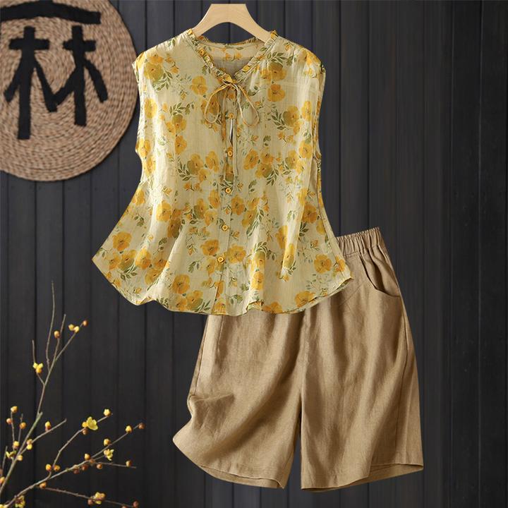 洋气减龄亚麻套装女夏季新款独特漂亮苎麻碎花无袖上衣短裤两件套