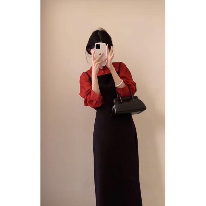 韩系洋气减龄穿搭气质长袖衬衫上衣春季收腰百搭显瘦吊带连衣裙女