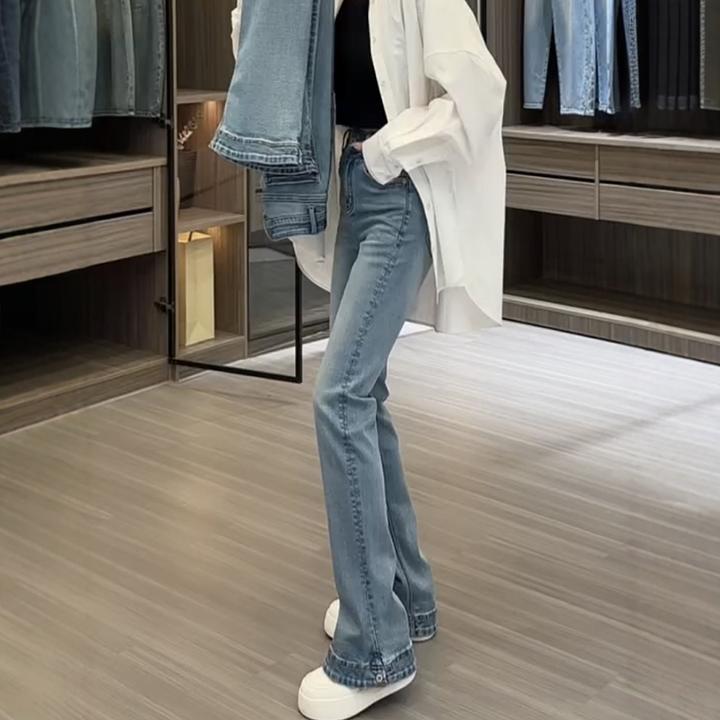 大码女装复古百搭修身牛仔裤女秋季新款窄版高腰弹力显瘦微喇叭裤