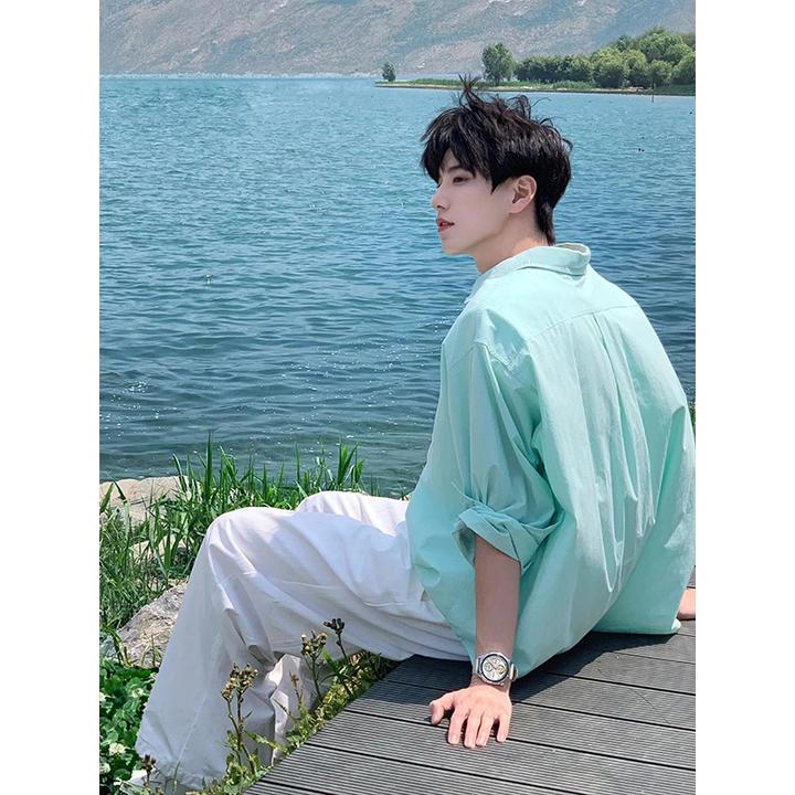 薄荷曼波风绿色防晒衬衫男款夏季少年感穿搭轻薄情侣长袖衬衣外套