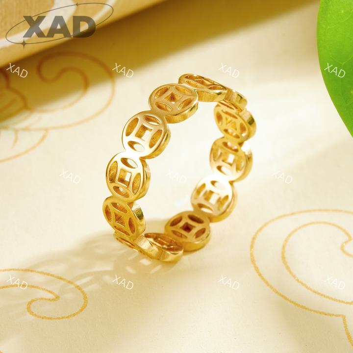 钛钢戒指 钱多多戒指高级感轻奢男女款金色铜钱戒指时尚钱币指环