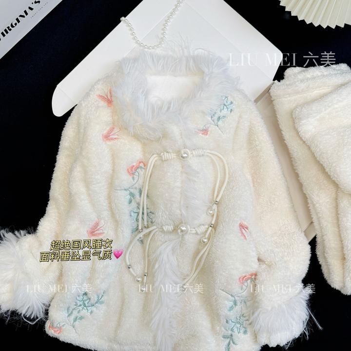 玉娆新款气质法兰绒家居服套装加绒加厚国风盘扣睡衣可外穿长袖东