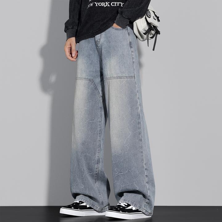 2025秋季百搭宽松高街休闲直筒裤子美式复古水洗弯刀阔腿牛仔裤潮