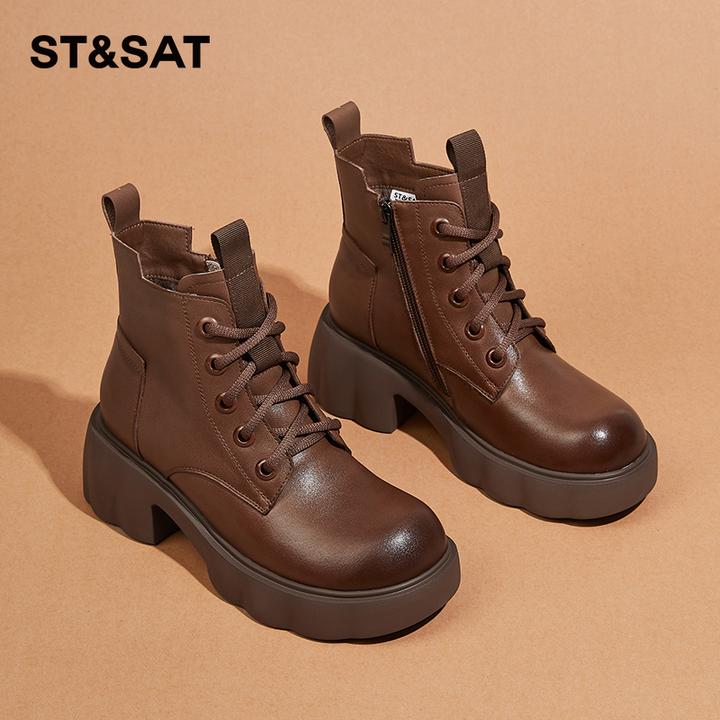 星期六棕色马丁靴女士2025新款秋冬季英伦风女靴加绒内增高皮鞋女