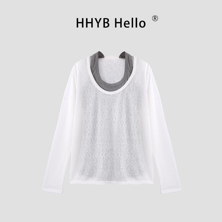 HHYB Hello2025夏季新款雪花棉撞色背心长袖假两件T恤上衣250386