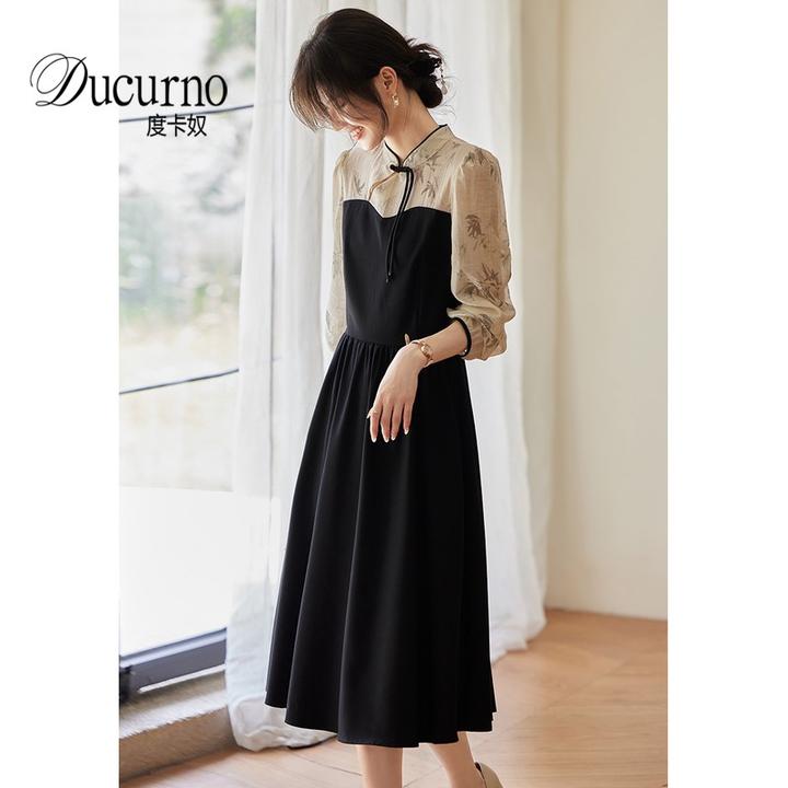 水墨印花新中式长袖连衣裙女装秋季2025新款国风盘扣改良旗袍裙子