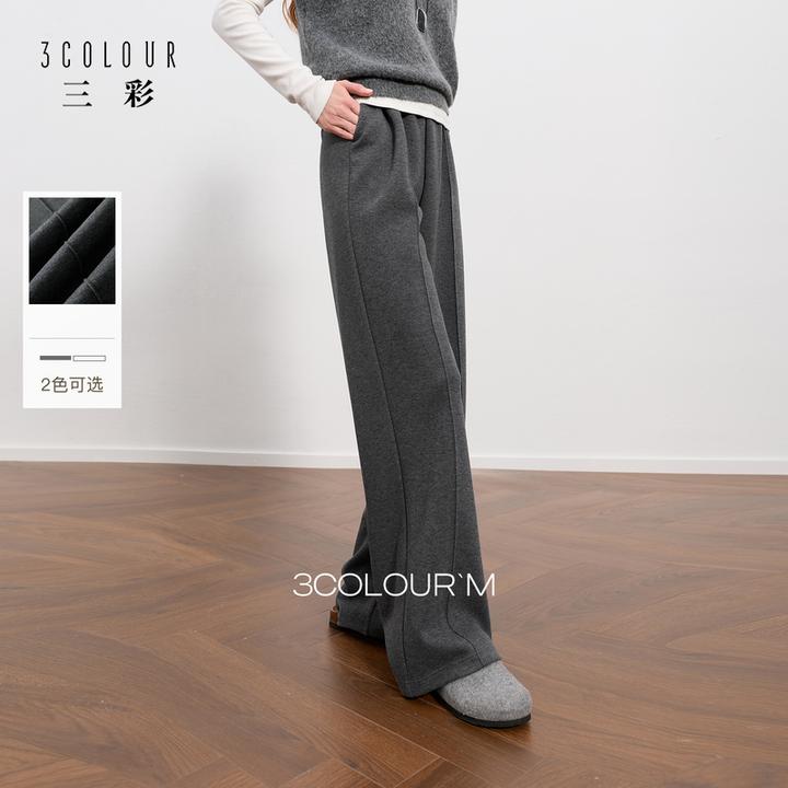 【羊毛醋酸+蚕丝】三彩2026新款灰色休闲裤松紧直筒长裤女M