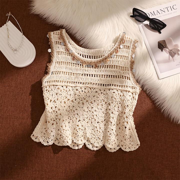 小香风亮片钩花针织吊带背心女夏季外穿洋气减龄无袖圆领镂空上衣