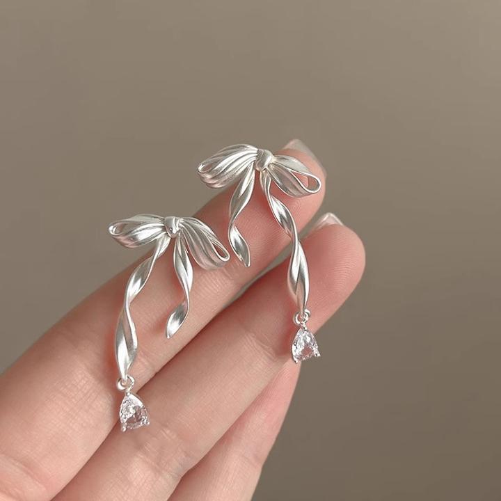 925银合成锆石耳饰 韩系蝴蝶结丝带耳钉女甜美气质设计感耳环轻奢