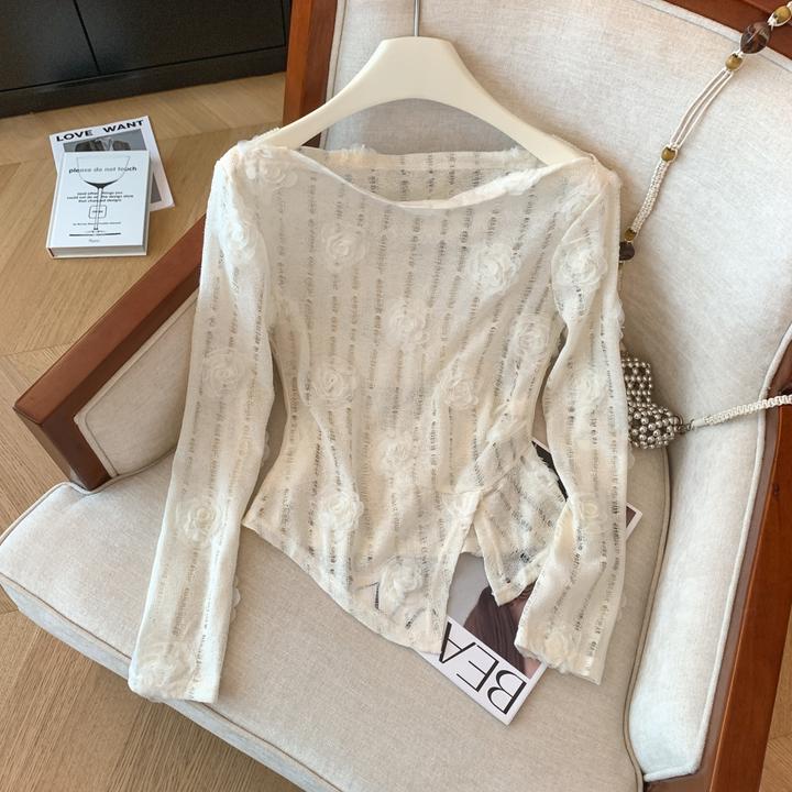 2025新款设计感提花外穿内搭打底衫秋季辣妹显瘦不规则一字领长袖