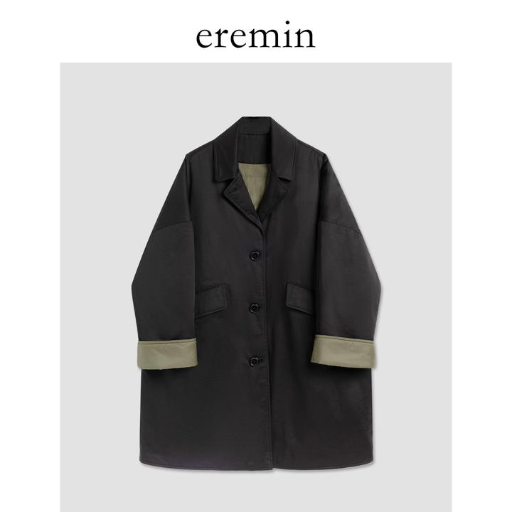 撞色棉服/廓形中长款工装拼色厚款风衣棉服55897