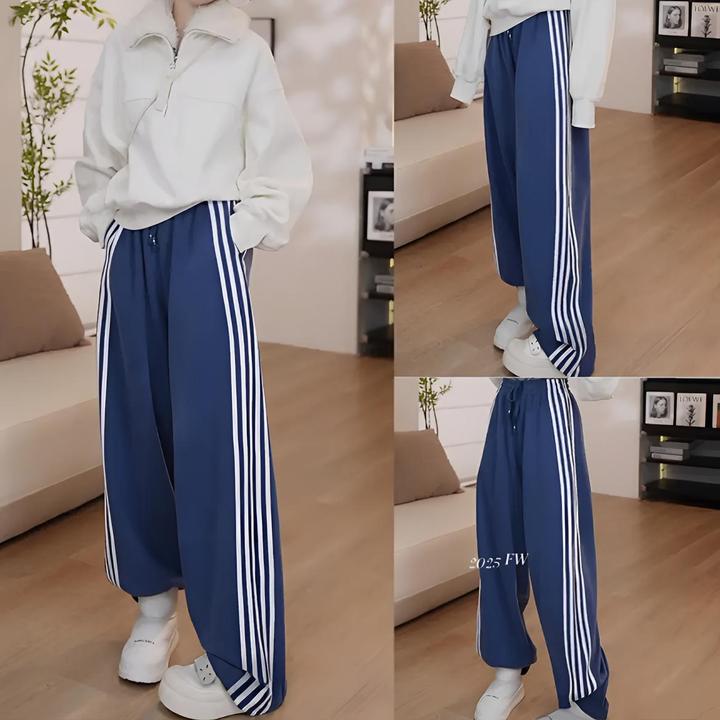 加绒加厚卫裤女2025冬季新款韩版条纹校服裤松紧腰阔腿休闲裤