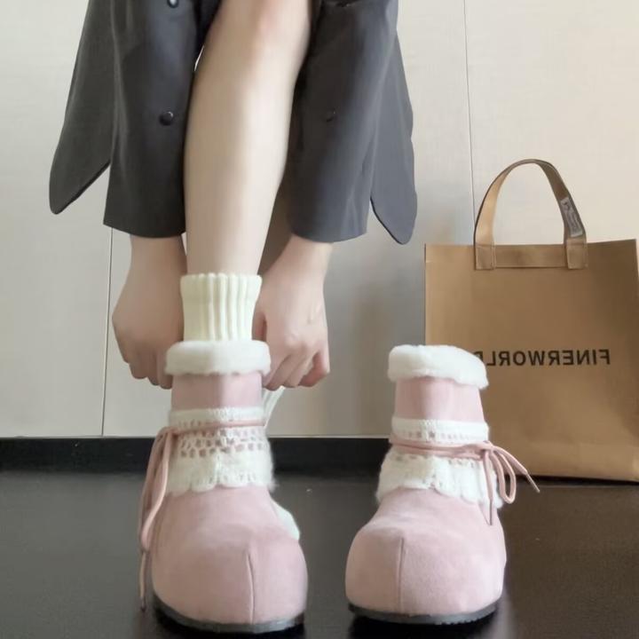 【小椰家】花边保暖雪地靴2025冬新款后绑带毛毛靴勃肯短靴MX370