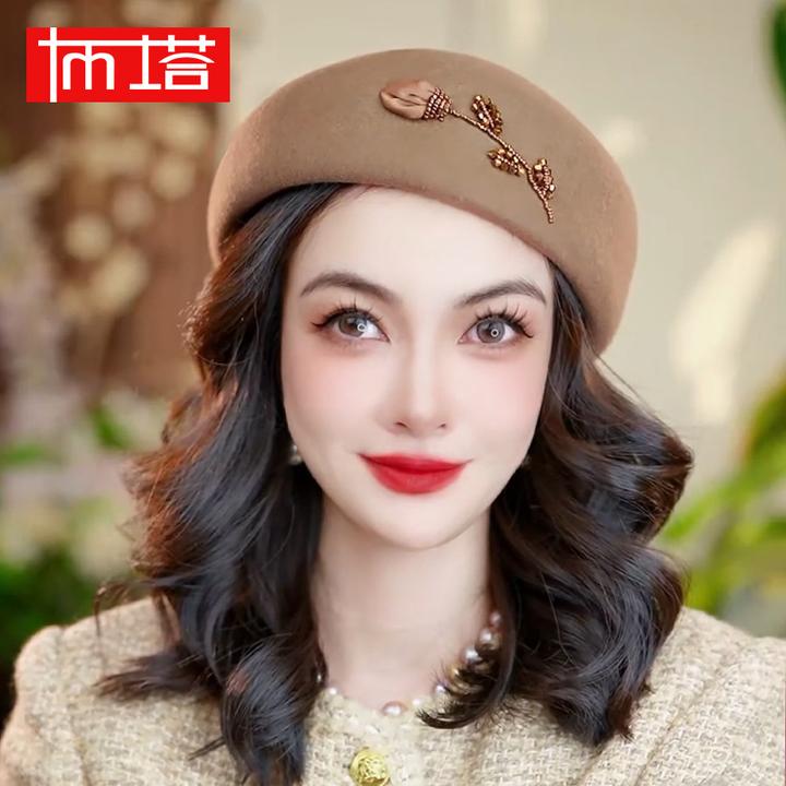 布塔秋冬季纯羊毛贝雷帽女士时尚百搭复古画家南瓜八角帽子PT1389