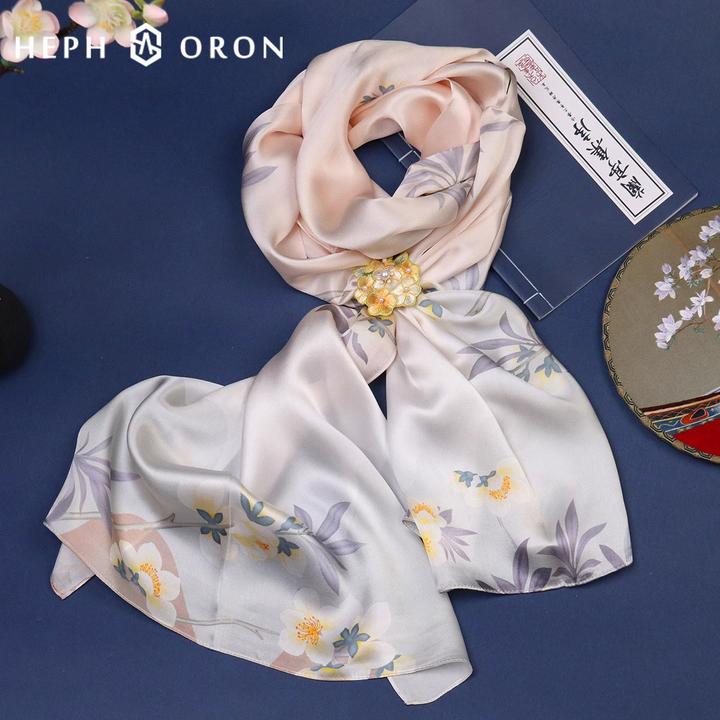 桑蚕丝丝绸围巾送礼礼盒装刺绣胸针真丝手工印花披肩女士真丝丝巾