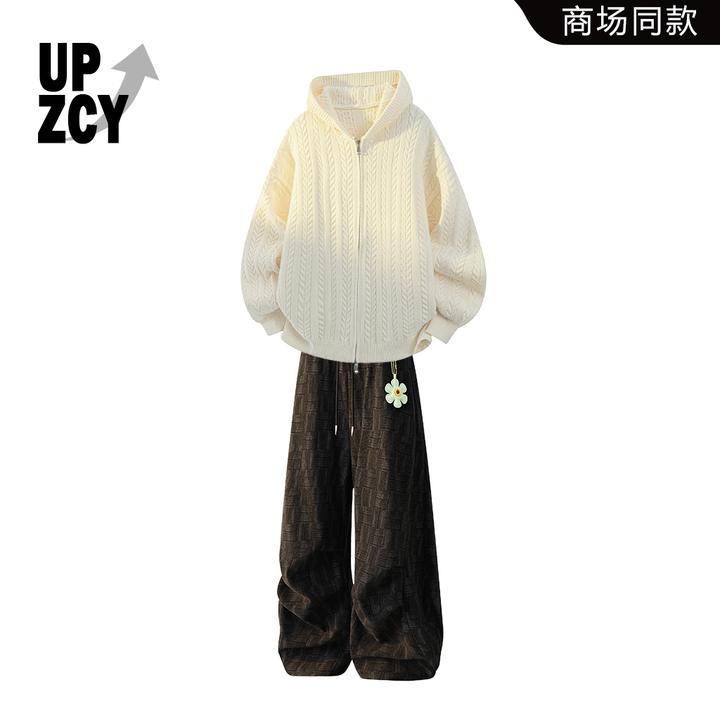 UPZCY男士提花肌理感毛衣套装男开衫针织宽松休闲痞帅挂饰阔腿裤