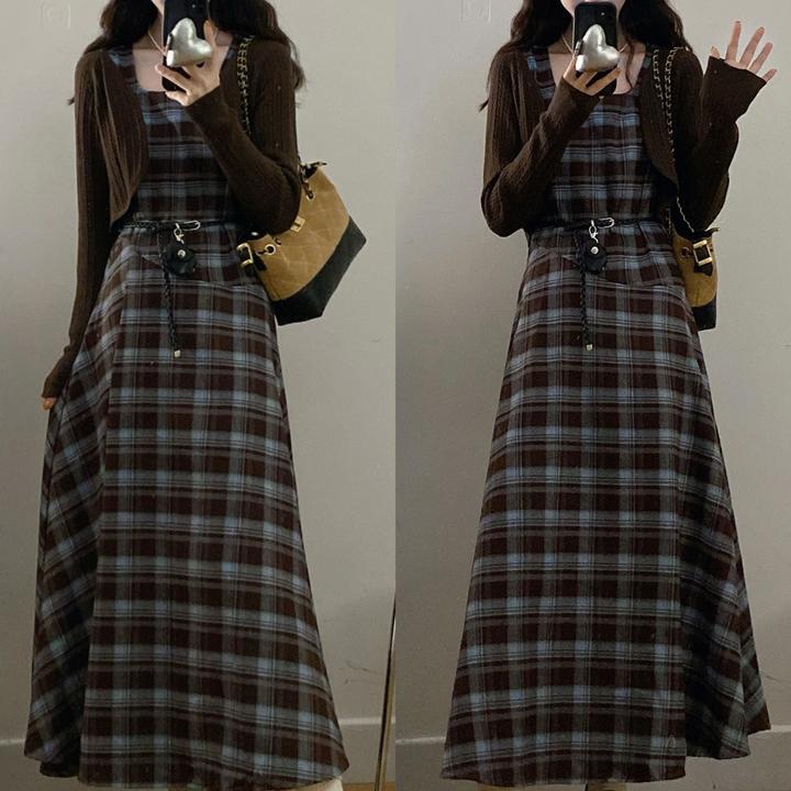 大码女装复古两件套格子连衣裙秋季遮肚显瘦裙子A字裙