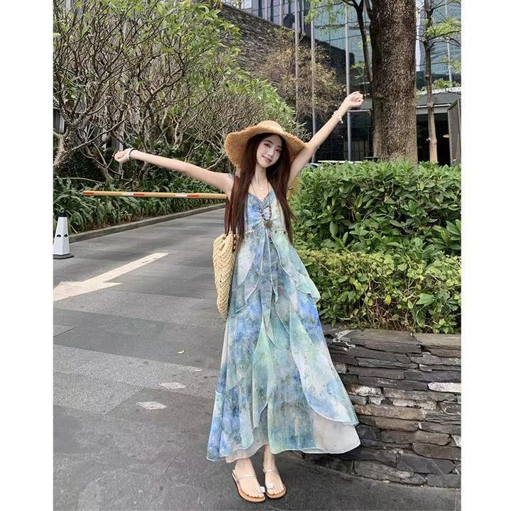 复古时尚气质连衣裙新款宽松时尚印花过膝长裙女装小众小清新爆款