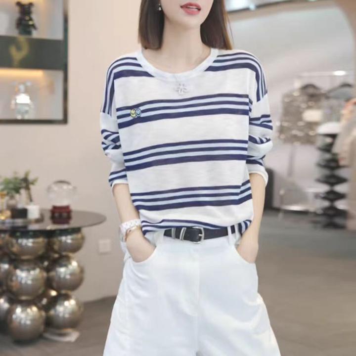 夏季新款慵懒风笑脸撞色条纹长袖针织衫时尚防晒t恤空调罩衫上衣