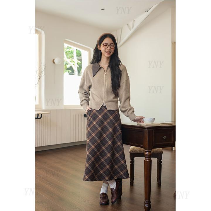 复古港风双拉链翻领针织外套女秋季穿搭套装搭秋冬潮流格子半身裙