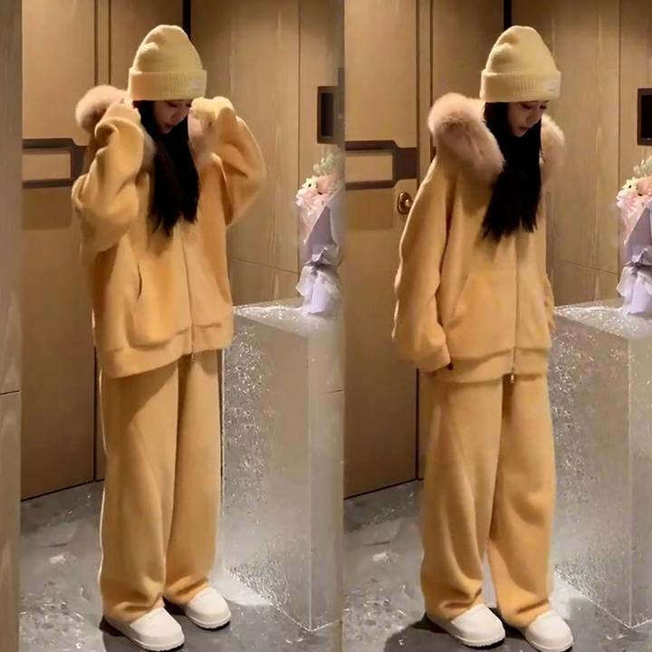 VEFG慵懒风时尚大毛领套装女士秋冬季休闲显瘦卫衣外套休闲两件套