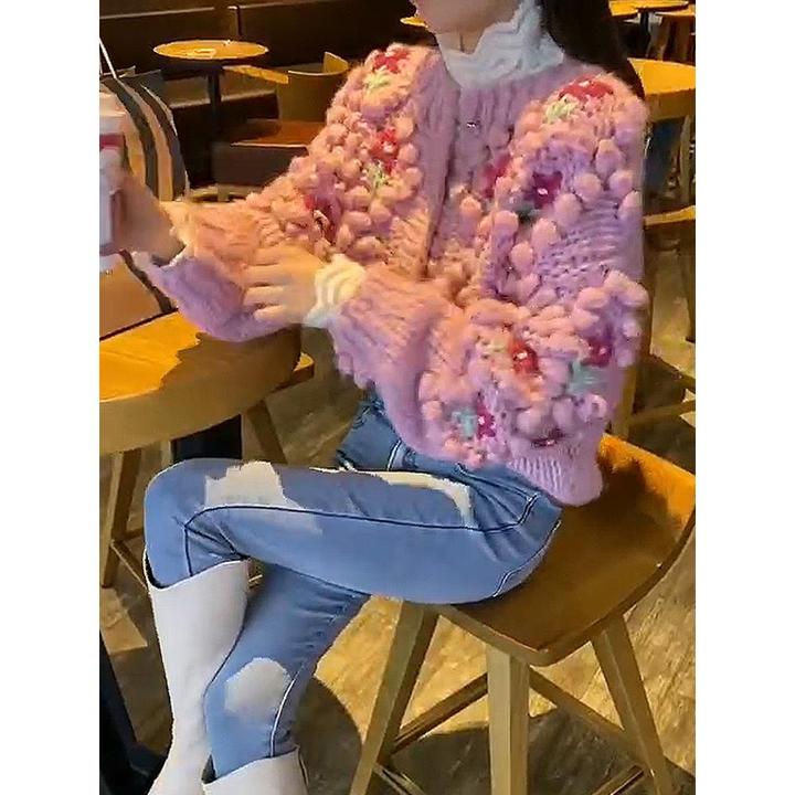 毛衣女秋冬2025年新款复古重工钩花设计感小众粉色针织衫外套女装