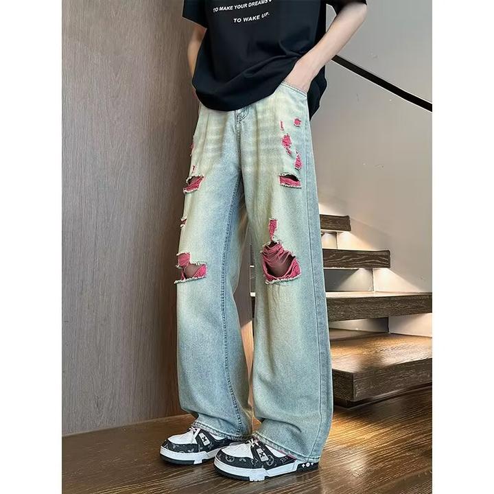 潮牌高端破洞牛仔裤男款美式高街做旧潮流宽松直筒休闲百搭长裤子