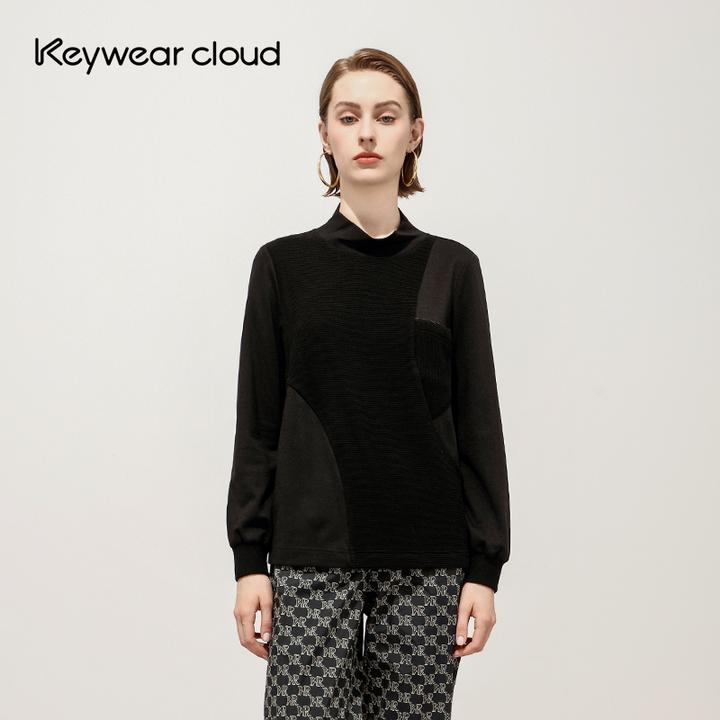 Keywearcloud奇威秋冬简约不失设计T恤半高领拼接长袖上衣