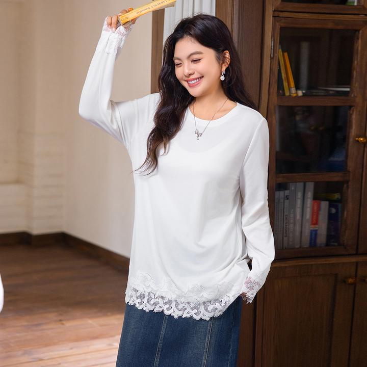 MsShe大码女装秋休闲气质镂空花边拼接宽松圆领长袖T恤T~A2509006