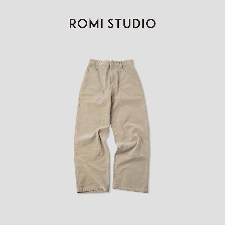 ROMI STUDIO"简练有型"细纹灯芯绒拼缝扣襻阔版直筒裤 RWCAX06154