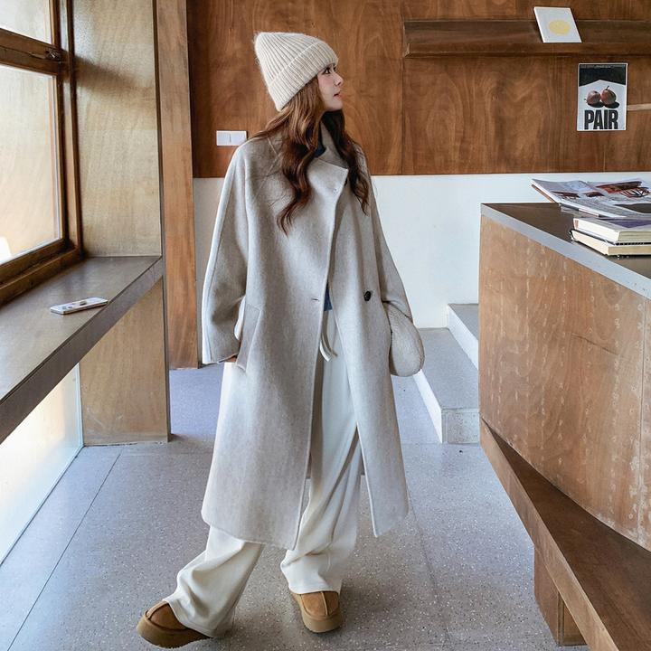 赫本风大衣白色女气质感韩系外套双面呢圆领燕麦色毛呢呢子小个子
