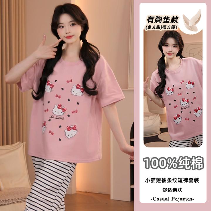 女款2025年纯棉睡衣新款夏季短袖长裤带胸垫小猫卡通风家居服套装